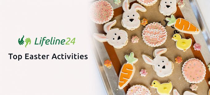 text reading top easter activities beside board covered in easter cookies